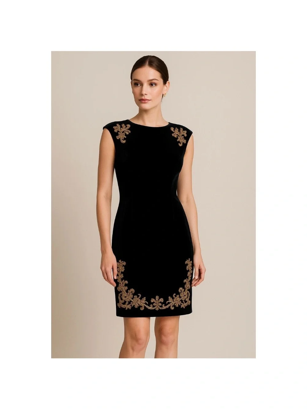 White House Black Market Black Velvet Mini Dress with Gold Appliqué - Picture 1 of 8